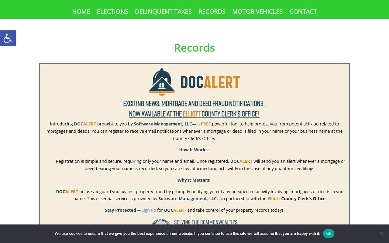Elliott County Clerk eCCLIX DOC ALERT and county records page