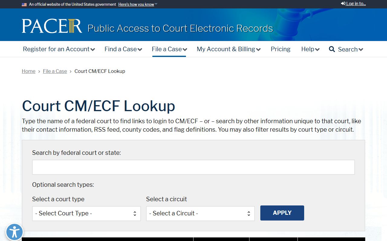 Elliott County court records PACER federal court lookup page