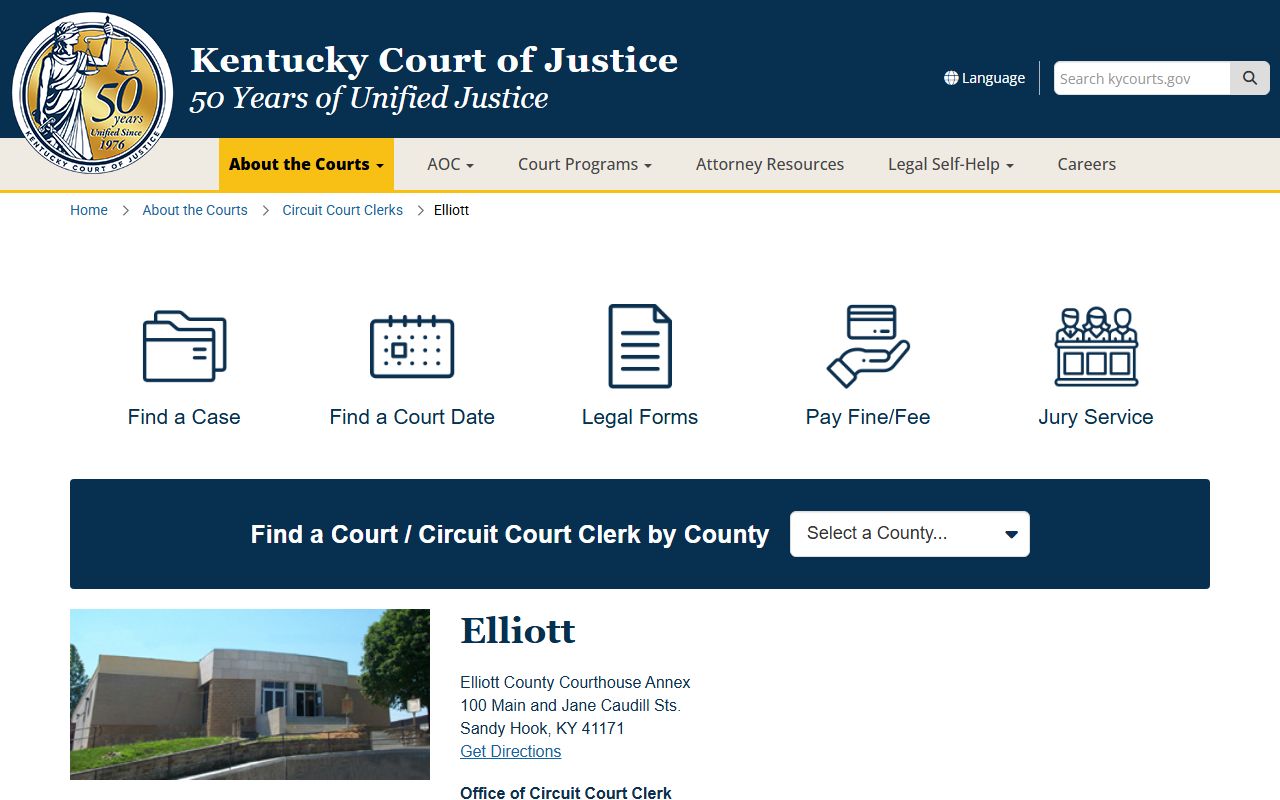 Elliott County court records courthouse page from Kentucky Court of Justice