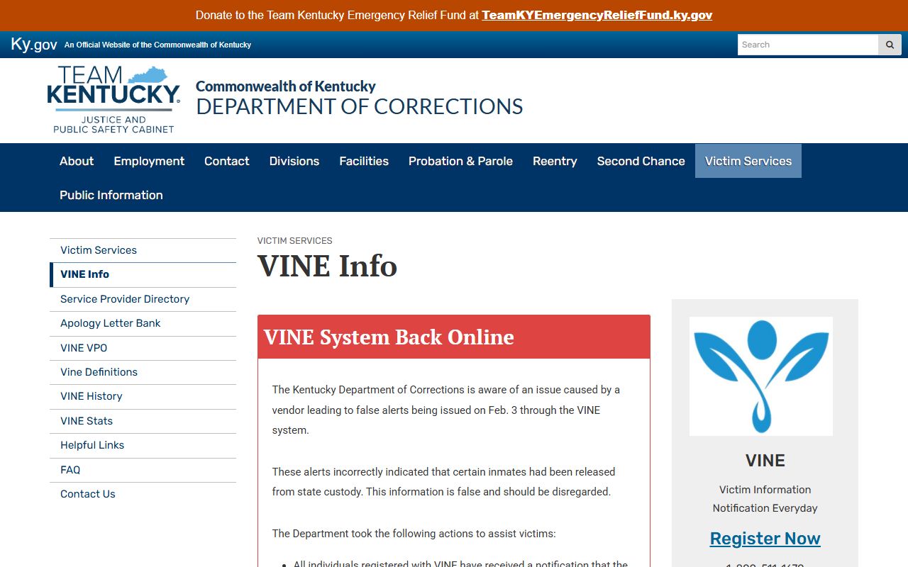 Elliott County inmate records Kentucky DOC VINE information