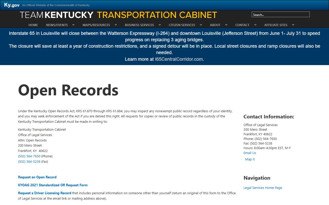 Elliott County traffic court records KYTC open records